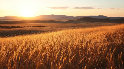 Golden Hour Prairie Sunset: Serene landscape at sunset with golden wheat field