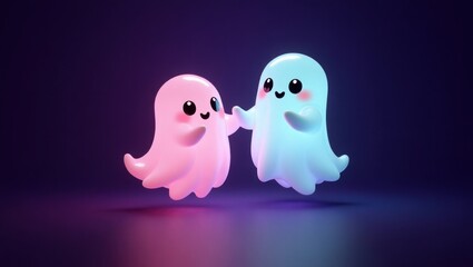 Cute ghosts holding hands in neon light