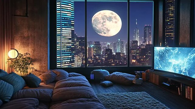 Cozy urban living room at night with a large moon and city skyline visible through the window