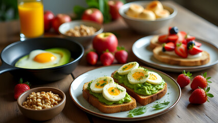 A colorful breakfast spread with avocado toast, granola, eggs, and fresh fruits on a rustic table. A vibrant and healthy morning feast with natural light and fresh ingredients.