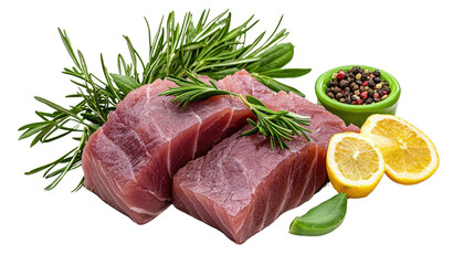 Fresh Tuna Steaks with Herbs and Spices, Lemon Slices, and Green Bowl of Peppercorns