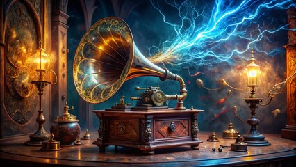 Vintage Gramophone with Antique Tesla Coil - Retro Sci-Fi Portrait Photography