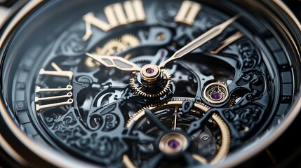 Close-up of intricate, ornate watch mechanism; gold Roman numerals, gears, and ruby jewels visible.