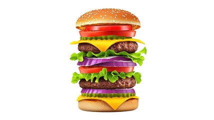 Delicious and Juicy Triple Layer Hamburger with Fresh Ingredients and Vibrant Colors