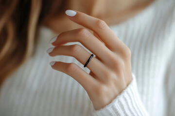 Woman wearing a black ring with a thin band, against a white background.
