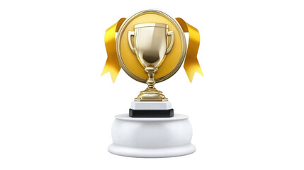 Golden Trophy Award on White Pedestal with Ribbon and Circular Background for Achievement Recognition