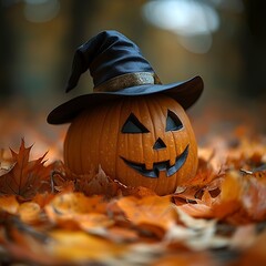 Jack-o'-lantern autumn leaves witch hat.