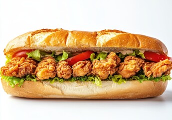 Mouthwatering fried chicken sandwich loaded with fresh lettuce, ripe tomato, and crispy bread, perfect for food lovers and culinary enthusiasts alike