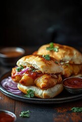 Mouthwatering Indian Street Food Vada Pav with Spicy Chutney and Fresh Vegetables Served on a Rustic Wooden Table with Dark Background