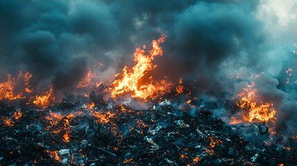 Fototapeta premium Intense Fire and Smoke Rising from Piles of Burning Garbage Debris