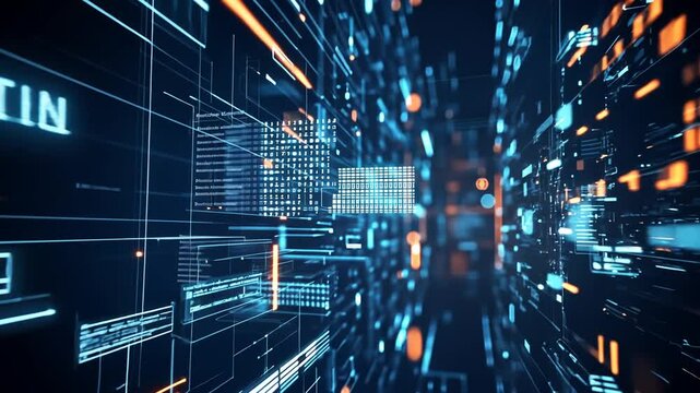 Abstract Technology Tunnel with Digital Data Flow and Binary Code Visualization