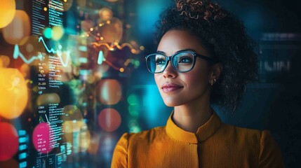 Professional Woman Analyzing Data with Digital Interface Background
