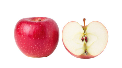 Fresh Red Apple Whole and Halved with Seeds Isolated on a White Background for Healthy Eating
