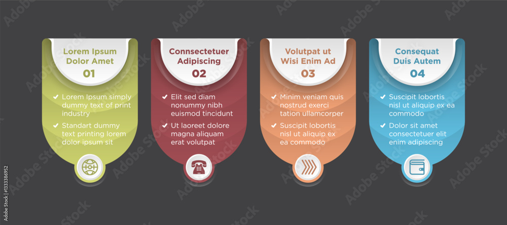 Poster simple infographic template four project business vertical rounded squares colorful icon above botto