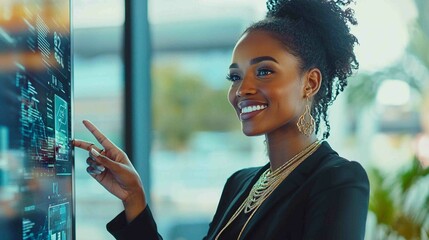 Professional Woman Engaging with Digital Display in Modern Office