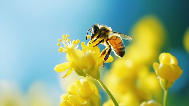 Close-Up Macro of Yellow Flower with Bee Pollinating in Nature