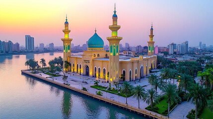 Fototapeta premium A stunning aerial view of a vibrant mosque at sunset, surrounded by palm trees and a calm river