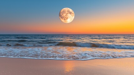 Obraz premium Full Moon Rising Over a Serene Ocean Beach at Sunset