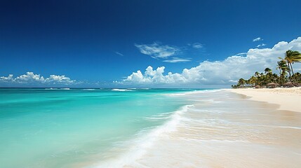 Obraz premium Pristine White Sandy Beach of Punta Cana Under a Bright Blue Sky