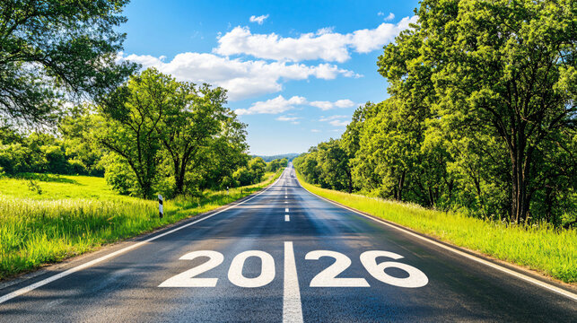 success of the new year 2026, On the highway with trees and bright green hills, Generative ai