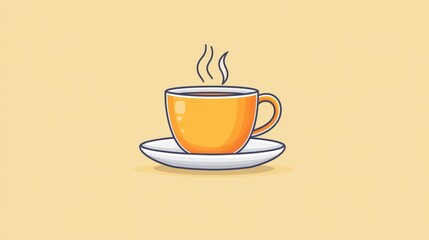 Obraz premium Vibrant Orange Coffee Cup with Steam on a Saucer Against a Soft Yellow Background