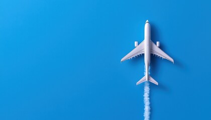 Fototapeta premium Aerial view of a commercial airplane flying through a clear blue sky.