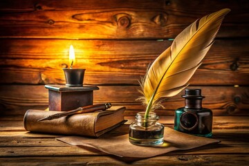 Vintage Handwriting Supplies: Inkwell, Quill Pen, and Antique Paper on Wooden Desk