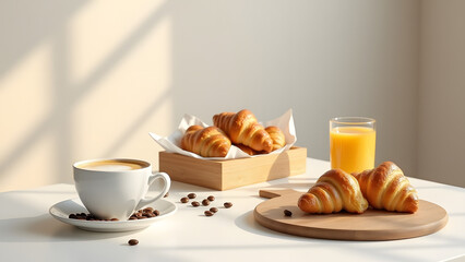 A minimalist breakfast with croissants, cappuccino, orange juice, and cinnamon rolls on a white table. A cozy and inviting morning scene with warm natural light.