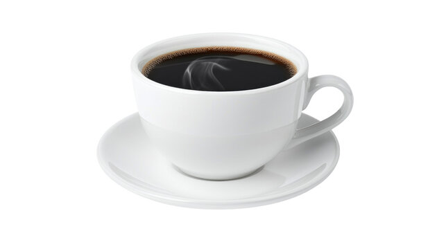 Freshly Brewed Hot Coffee in White Cup with Saucer and Steam Rising in Morning Light