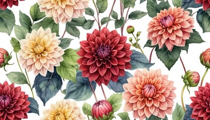 Elegant Floral Pattern with Beautiful Dahlias and Green Leaves