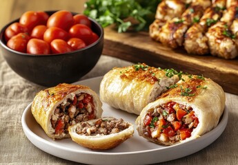 Savory meat pastry filled with minced meat, bell peppers, and herbs served with fresh cherry tomatoes on a rustic wooden table