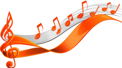 Colorful Musical Notes Flowing on a Curved Wave Design with Bright Orange Accents