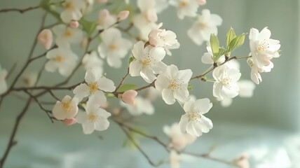 Fototapeta premium Delicate White Blossoms on Branches Against a Soft Green Background