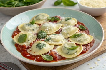 Delightful Spinach And Ricotta Ravioli Nestled In A Vibrant Tomato Sauce, A Comforting Italian Feast Presented On A Serene Aqua Plate With A Light Dusting Of Parmesan