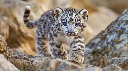 Obraz premium A Curious Snow Leopard Cub in the Wild