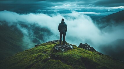 Obraz premium Solitude Amidst the Misty Mountains: A Man Contemplates the Vastness of Nature