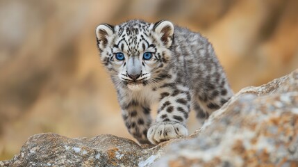 Obraz premium Snow Leopard Cub with Striking Blue Eyes