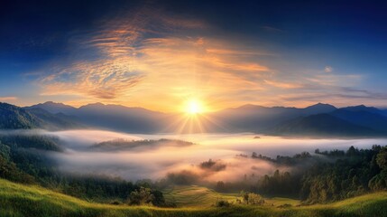 Fototapeta premium Serene Sunrise Over Misty Valley with Mountain View and Clear Sky