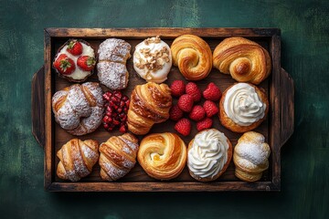 Elegant flat lay of assorted pastries on vintage tray with deep emerald green background