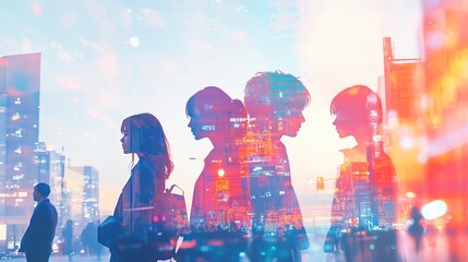Double exposure of a group of business people and a city skyline