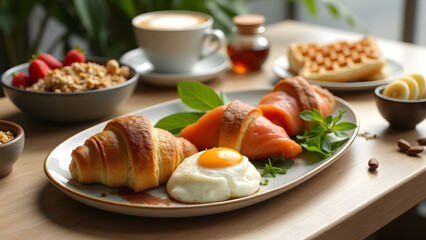 A gourmet breakfast with croissants, poached eggs, granola, and waffles on a wooden table. A fresh and luxurious morning scene with vibrant ingredients and natural light.