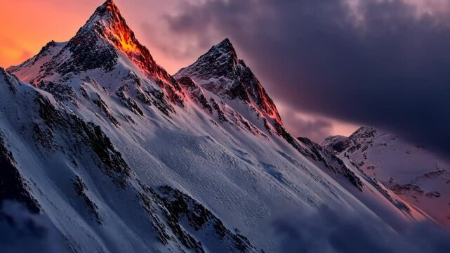 Majestic Sunset over Snowy Peaks: A breathtaking view of snow-covered mountains illuminated by the fiery hues of a vibrant sunset, showcasing the raw power and beauty of nature.