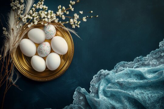 Minimalist Easter composition with elegant white and colorful eggs in a rustic bowl on navy lace background