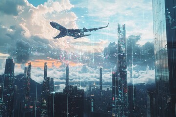 Futuristic airplane soaring above modern cityscape with glass buildings and digital connectivity