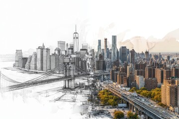 Artistic composition of new york skyline  architectural sketch meets warm toned aerial photograph