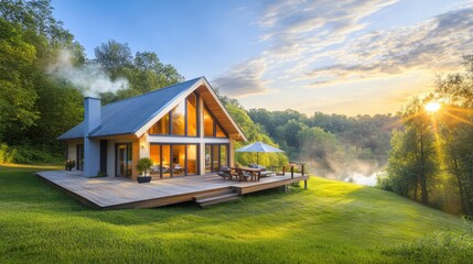 Obraz premium Modern Cabin Retreat Surrounded by Lush Greenery at Sunrise