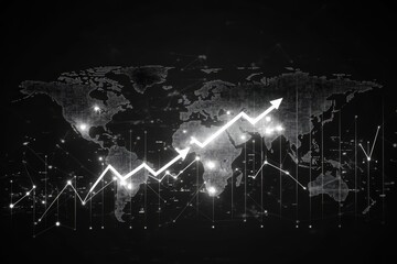 Global business growth illustration  upward arrows and world map on black background with charts