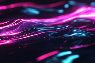 Neon pink and turquoise waves flowing over glossy black surface in cyberpunk inspired digital art