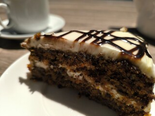 delicious piece of chocolate cake on a plate.