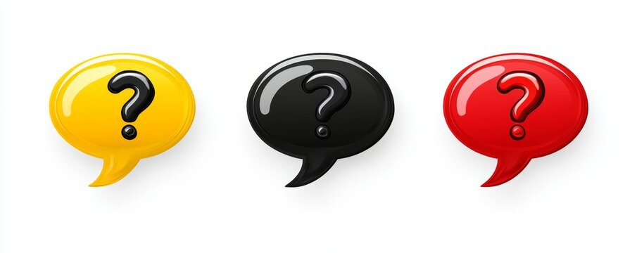 Three distinct vector icons of speech bubbles featuring question marks in black, yellow, and red